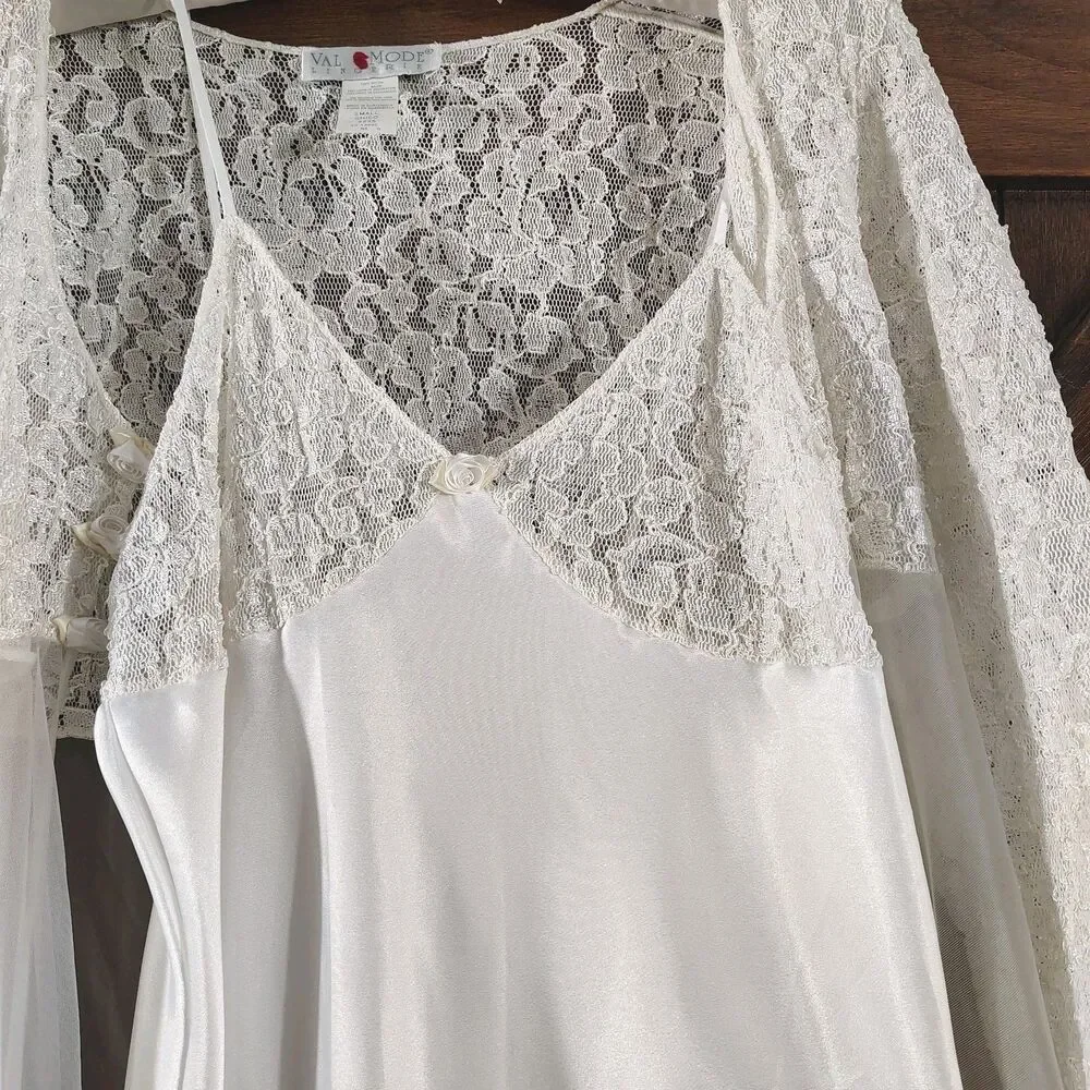 Vintage White Lace Nightgown Set Size S Sheer Robe Satin Slip Romantic Bridal - Picture 6 of 12